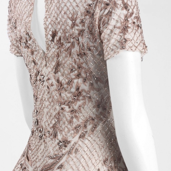 NEW Adrianna Papell Floral Beaded‎ Mesh Mermaid Gown in Biscotti [SZ 8 ] - Picture 5 of 9